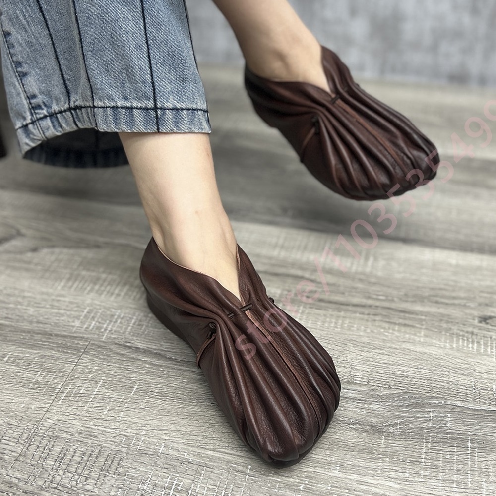 Mule Slip On - Kadın Retro Pileli Yumuşak Ayakkabılar Yuvarlak